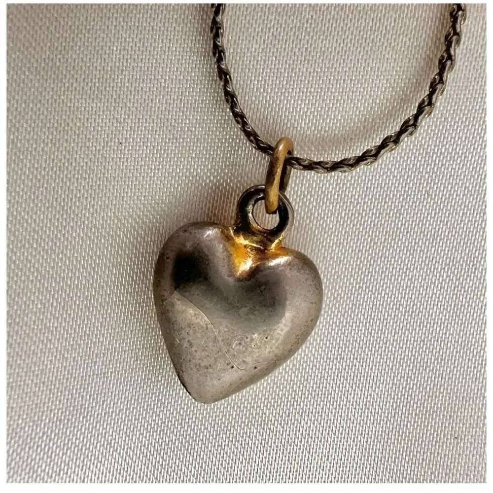 Silver tone puffy heart pendant necklace